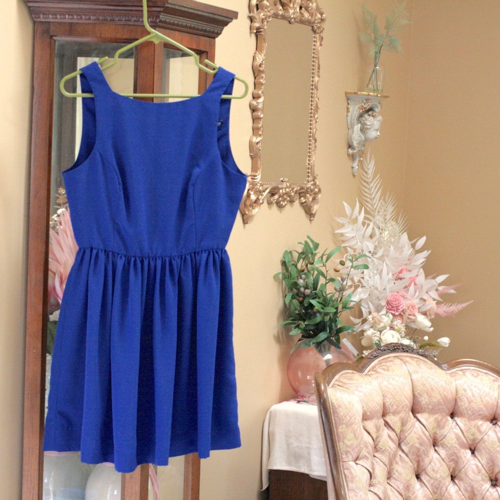 American Apparel Peach Skin Button back Fit and Flare dress Cobalt Large